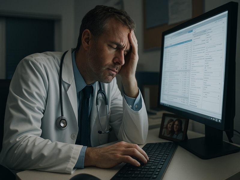 Stressed doctor overwhelmed with paperwork